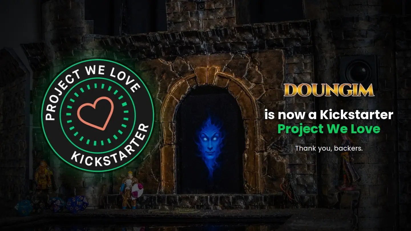 The message "Doungim is now a Kickstarter Project We Love. Thank you, backers." beside the Kickstarter badge and the lit Doungim gate